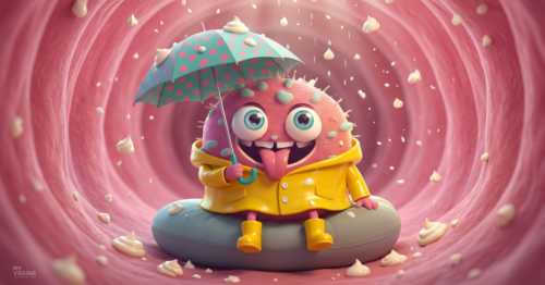 A treatment resistant yeast sits in a pink tunnel with white snow under an umbrella with a raincoat on - resisting treatment!
