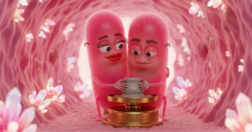 Two bacteria replicate the famous Ghost film scene with the pottery, getting ready to procreate, but they are already in a pink tunnel (vagina!)