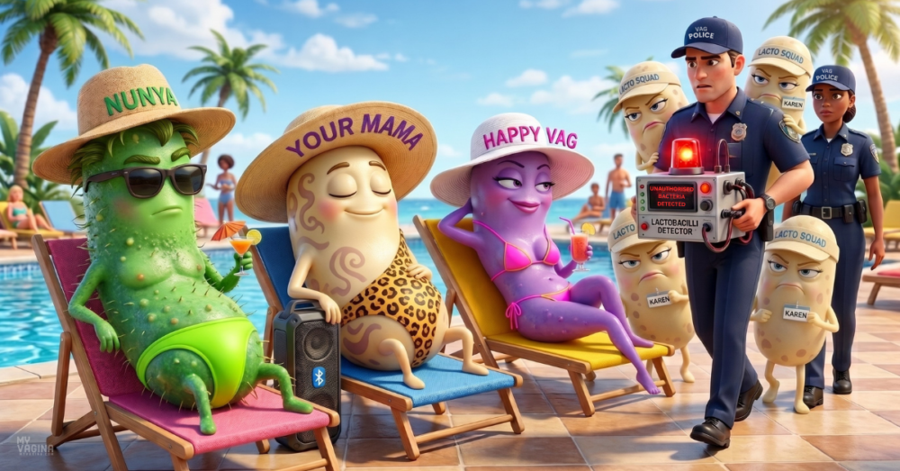 Three unidentified bacteria in a mankini, skimpy bikini and tight budgie smuggler swimwear lounge poolside, drinking cocktails. Their hats say, NUNYA (as in, none of your business), YOUR MAMA, and HAPPY VAG. The Vag Police have arrived with their lactobacilli detector, flanked by a bunch of lactobacilli species in their LACTO SQUAD sun visors and their KAREN name badges. This is the unnecessary monitoring and intervention of perfectly happy vaginal microbiome.