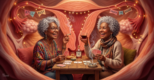 Two old ladies cackle away - they are the old ovaries that people underestimated - they're having a party, smoking spliffs and drinking gin, laughing their heads off