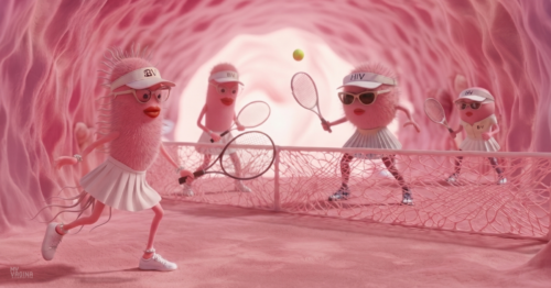BV and HIV play tennis together in a pink underground cave, to demonstrate that HIV risk increases in a sexual partner, if you have BV and are HIV positive.