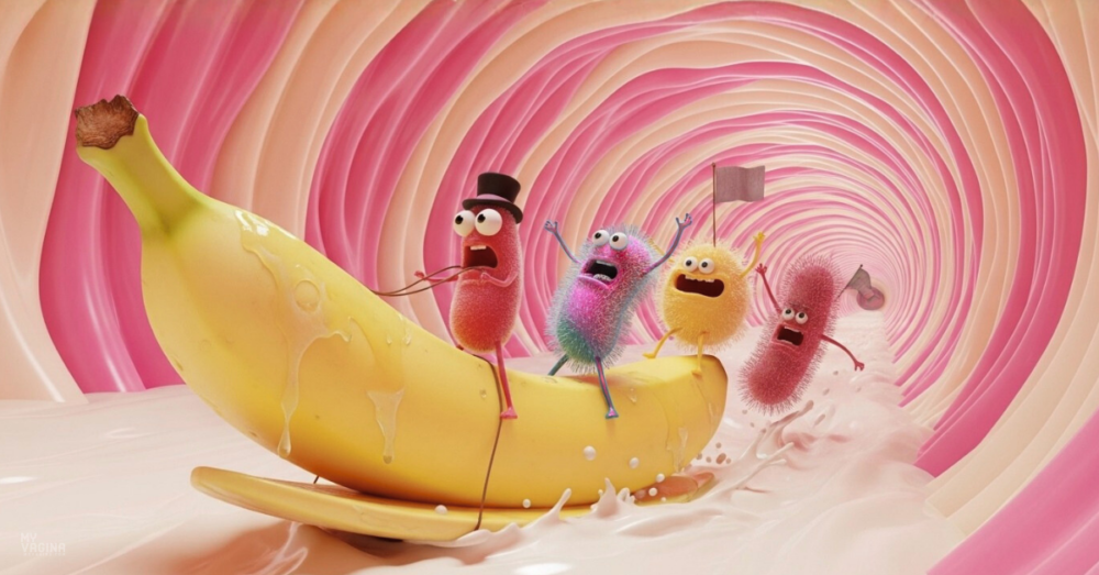 A bunch of bacteria surf a banana on a white milky liquid, screaming, in a pink tunnel (BV bacteria skating into the vagina on semen!)