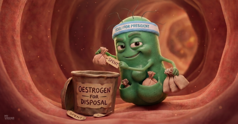 A green gut bacteria is sneaking the 'spent' oestrogen bags out of the used bucket, and is stuffing his pockets full and removing the tags.