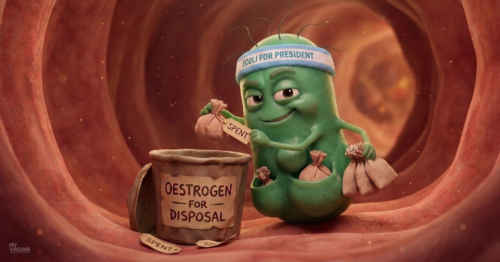 A green gut bacteria is sneaking the 'spent' oestrogen bags out of the used bucket, and is stuffing his pockets full and removing the tags.