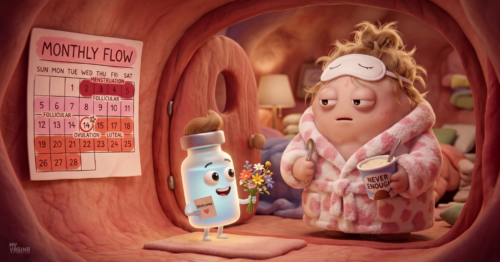 A tired and sickly woman in a dressing gown opens the door to her cave holding a tub of ice cream that says "Never Enough", to a vaccine vial bringing her flowers.