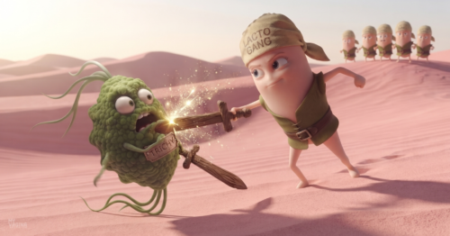 A gang of pink femme androgenous lactobacilli fighters sword fight a trich parasite with wooden swords in a a vast pink sandune landscape.