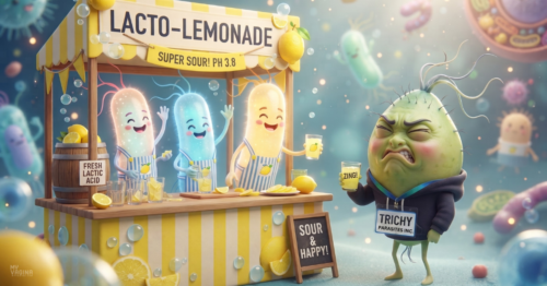 The cute happy lactobacilli bacteria are running a lemonade stand, and trich comes along and has a drink and hates it because it's so sour!